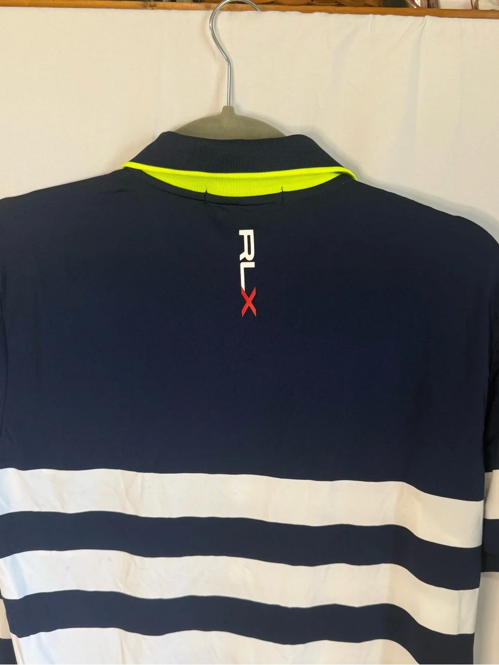 Ralph Lauren RLX Navy, White & Neon-Trim Striped Polo Size M
